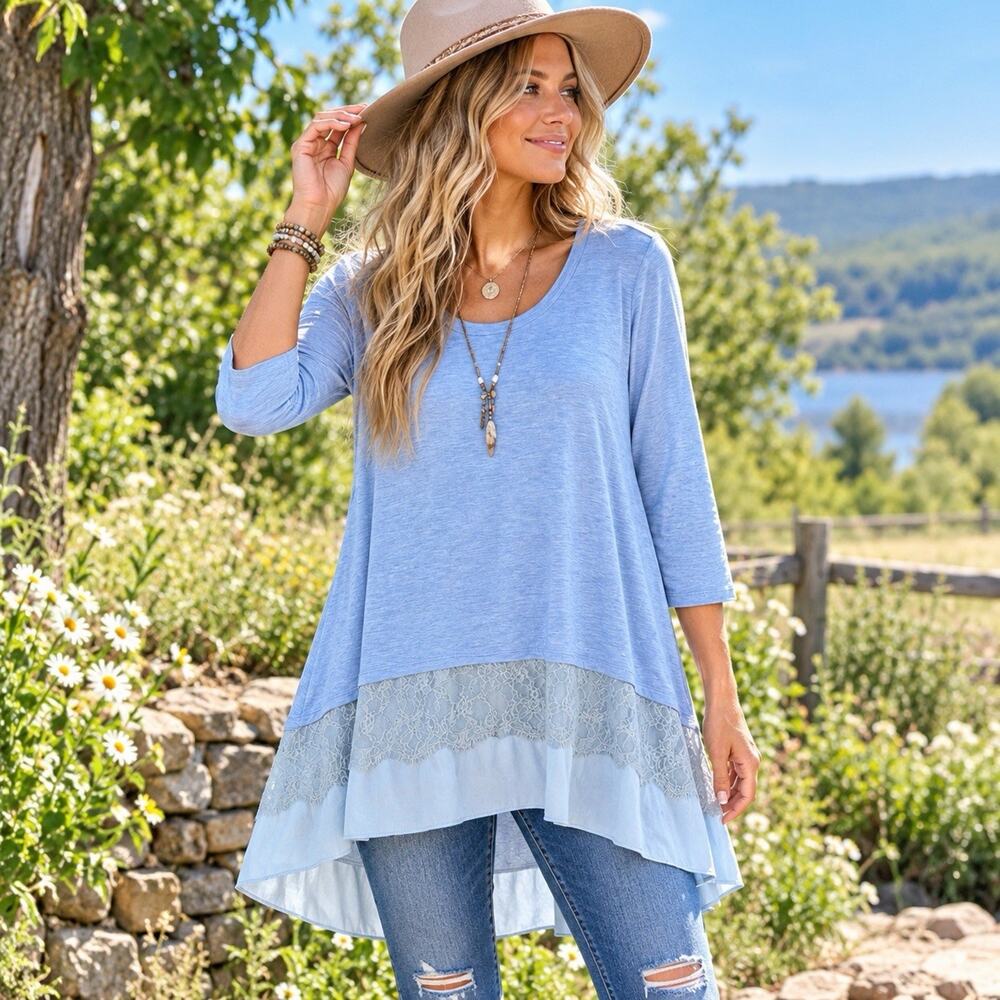 LOGO Blue Lace Hem Tunic Top 3/4 Sleeve Sharkbite Layered Boho Cottagecore Sz M